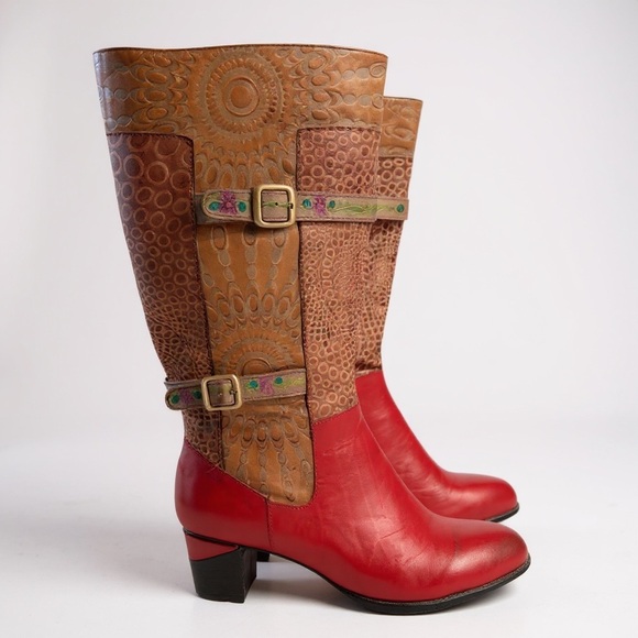 Spring Step L’artiste Carpeverde Knee High Red Chunky Heel Boots Womens size 9.5 - Picture 1 of 13